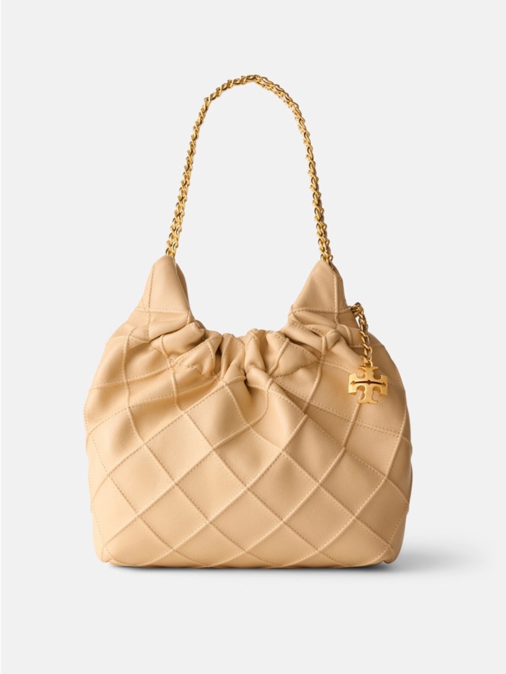 Tory Burch Beige Quilted Drawstring Shoulder Bag with Gold Chain